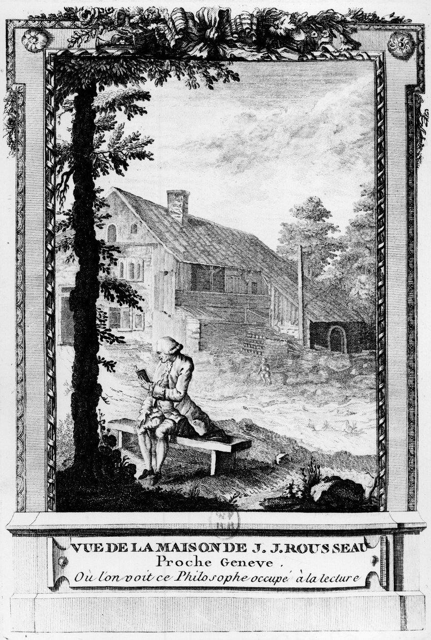 Jean Jacques Rousseau (1712-1778), ranskankielinen Geneven kirjailija ja filosofi; nähtynä hänen talostaan (lähellä Geneveä). tekijältä Unknown artist