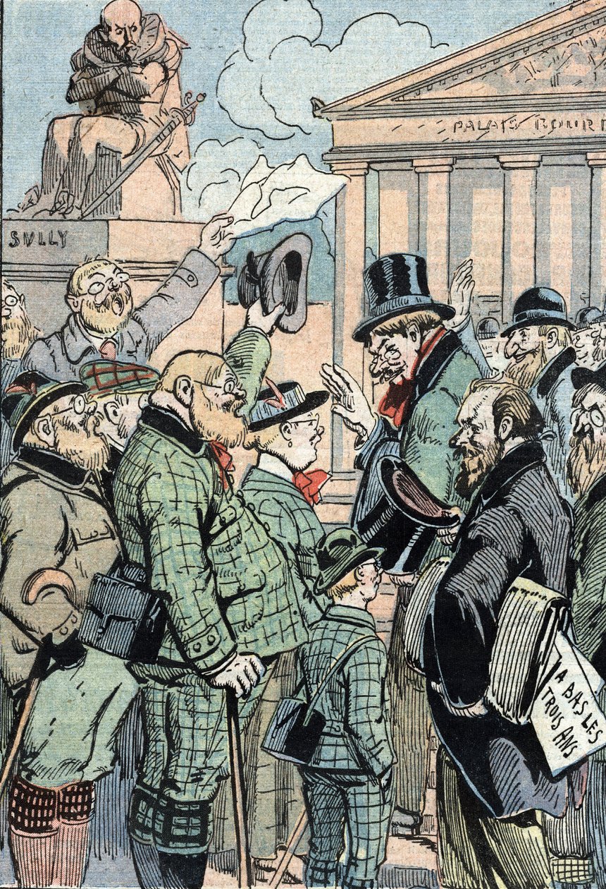 Jean Jaures Unified Socialists Opposes the Three Years Law (Military Service) represented by Germans, June 1914 (Saksalaiset tukevat Jean Jauresin johtamia yhdistyneitä sosialisteja, jotka vastustavat kolmen vuoden lakia, kesäkuu 1914) Sarjakuva "Le peleri tekijältä Unknown Artist