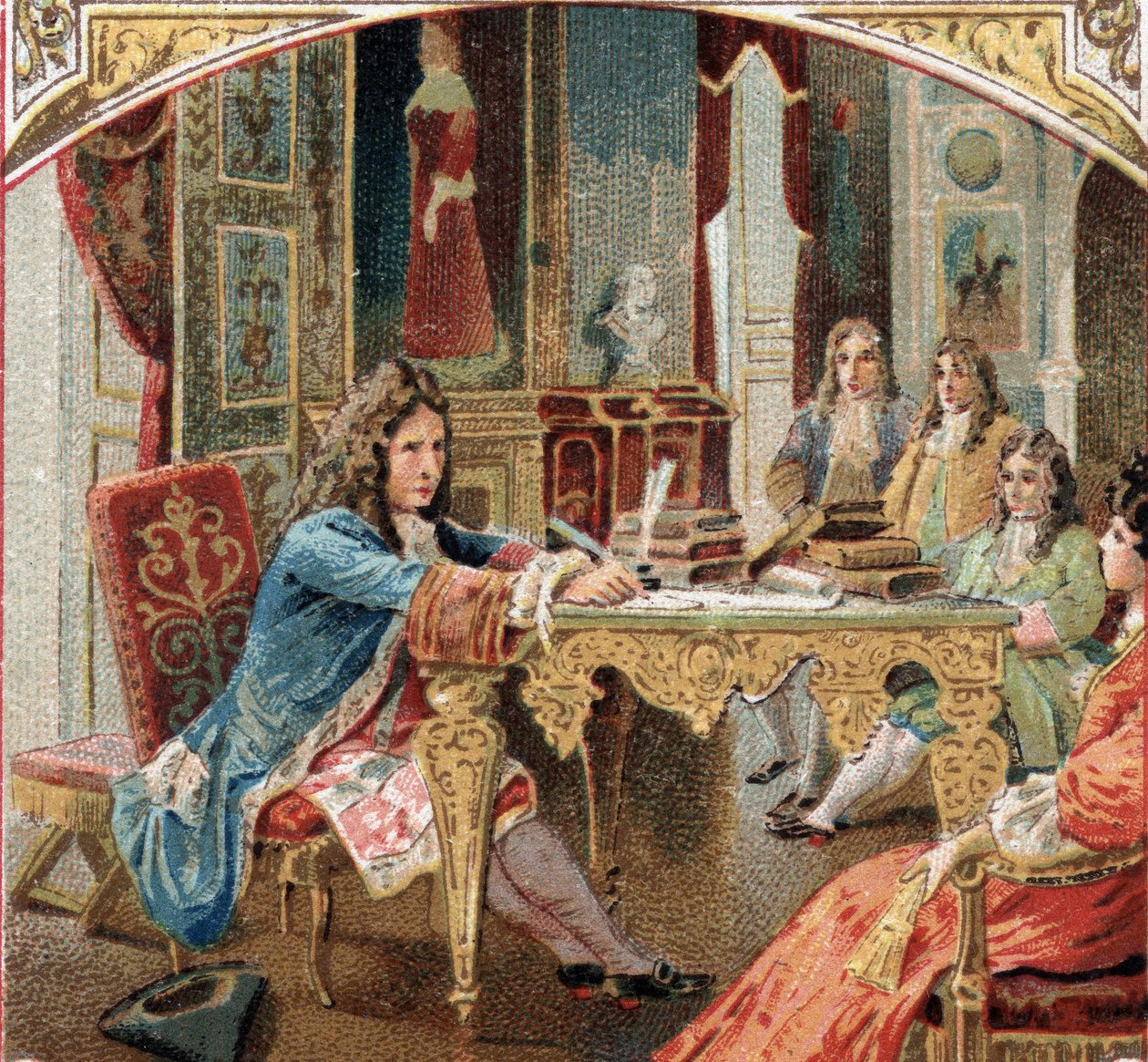 Jean Racine (1639-1699) komponentti "Esther" ja "Athalie" Maintenonin linnassa. 1800-luvun lopun kromolitografia tekijältä Unknown artist