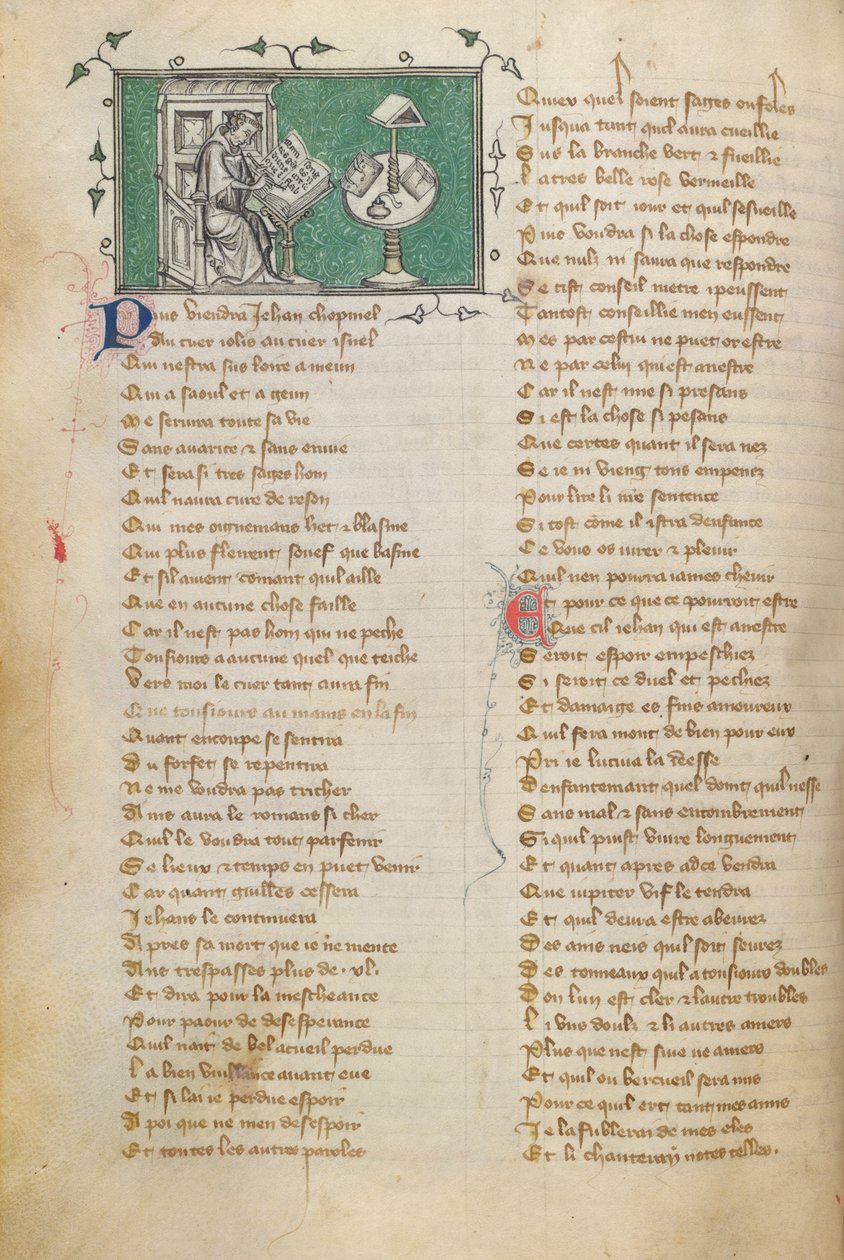 Jean de Meun kirjoittaa runonsa avaussanat (joka alkaa f. 28) Roman de la Rose tekijältä Unknown artist