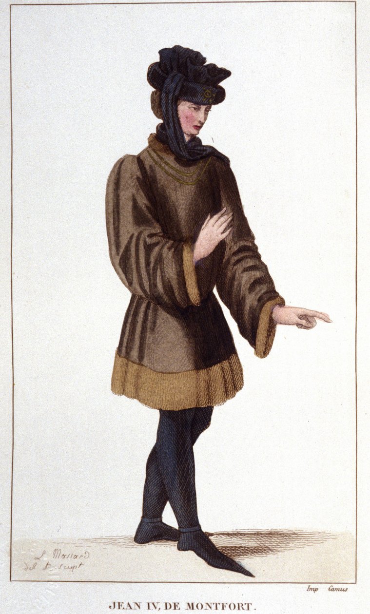 Jean de Montfort (1293-1345). Oikeuksiaan puolustaessaan hän julisti Bretagnen perintösodan. Kaiverrus vuodelta 1830. tekijältä Unknown artist