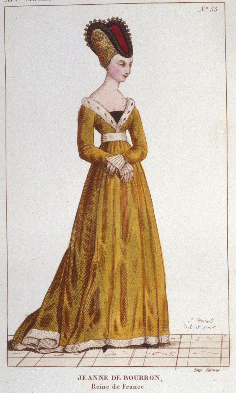 Jeanne de Bourbon (1338-1378). Ranskan kuningatar 1364-1378. Kaiverrus vuodelta 1830 tekijältä Unknown artist