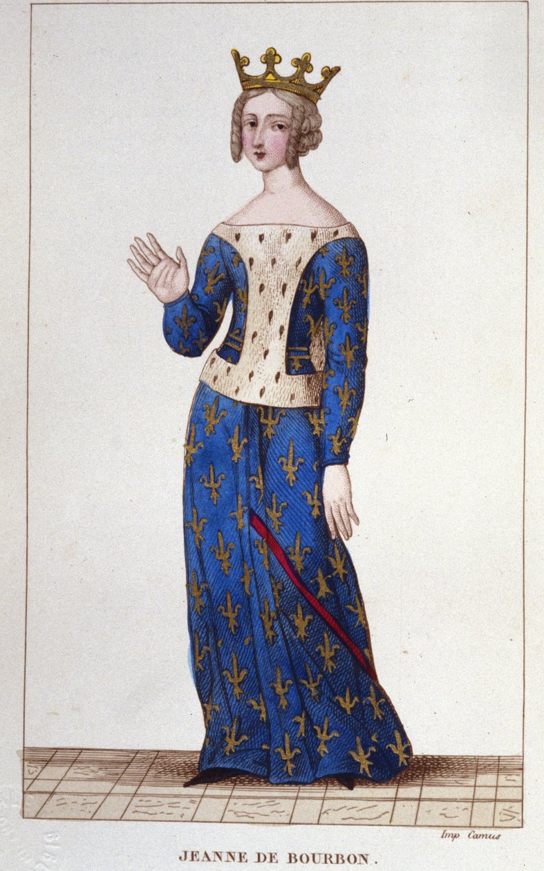 Jeanne de Bourbon (1338-1378). Ranskan kuningatar 1364-1378. Kaiverrus vuodelta 1830 tekijältä Unknown artist