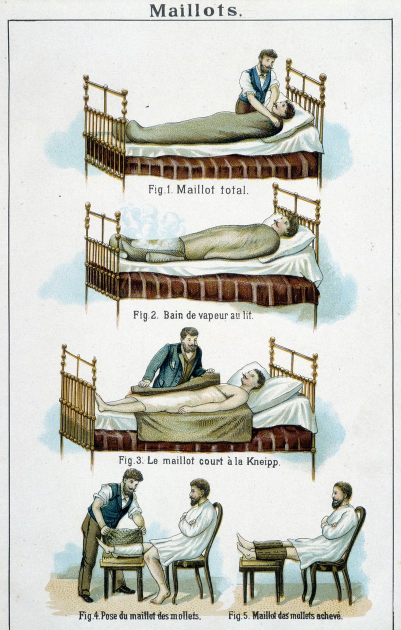 Neulepuserot: 1) Total Jersey, 2) Höyrykylpy sängyssä, 3) Kneipp short jersey, 4-5) Calf jersey - "Bilz, Natural Medication" -sarjassa, 1800-luvun loppu tekijältä Unknown artist