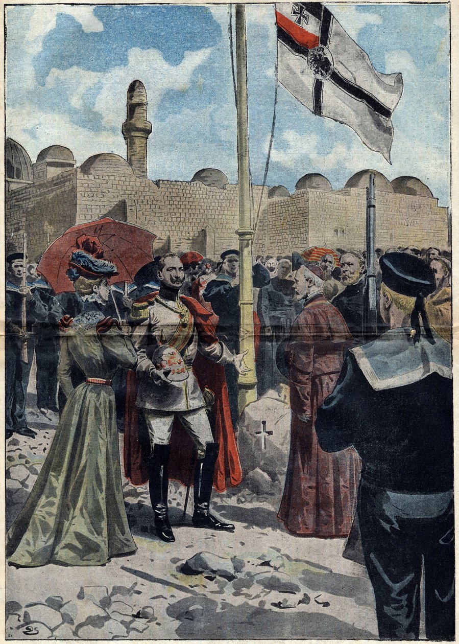 Jerusalem - Kaikki pyhät 1898: Vilhelm II (1859-1941), Saksan keisari ja Preussin kuningas, ottaa haltuunsa "Dormition"-maan lähellä Cenaclea katolisille alamaisilleen ennen monsignor Luigi Piavia, Jerusalemin patriarkkaa. . Kuva sisään tekijältä Unknown artist