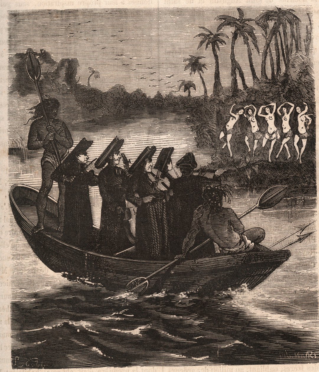 Jesuiittalähetyssaarnaajat saapuvat veneellä guarani-intiaanien joukkoon Paraguayhin vuonna 1553 - Kaiverrus vuodelta 1879 Pierre Zacconen (1817-1895) kirjaan "History of Secrete, Political and Religious Societes" tekijältä Unknown artist