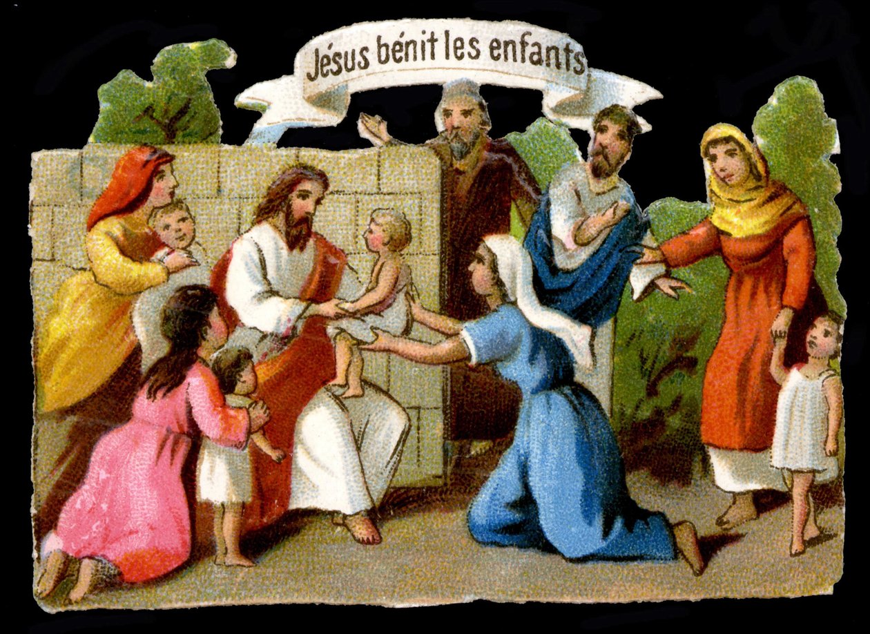 Jeesus Kristus siunaa lapsia. 1800-luvun kromolitografia. tekijältä Unknown artist