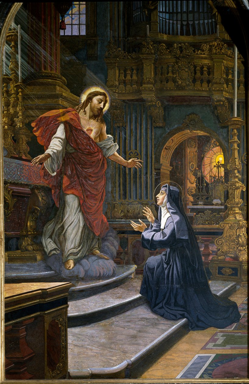 Jeesus ilmestyy Pyhälle Margaret Marylle (Margaret Mary) Alacoquelle (1647-1690), joka oli Mosaiikkivierailun ritarikunnan mystis. Pietarinkirkko Roomassa (Vaticano, San Pietro) tekijältä Unknown artist