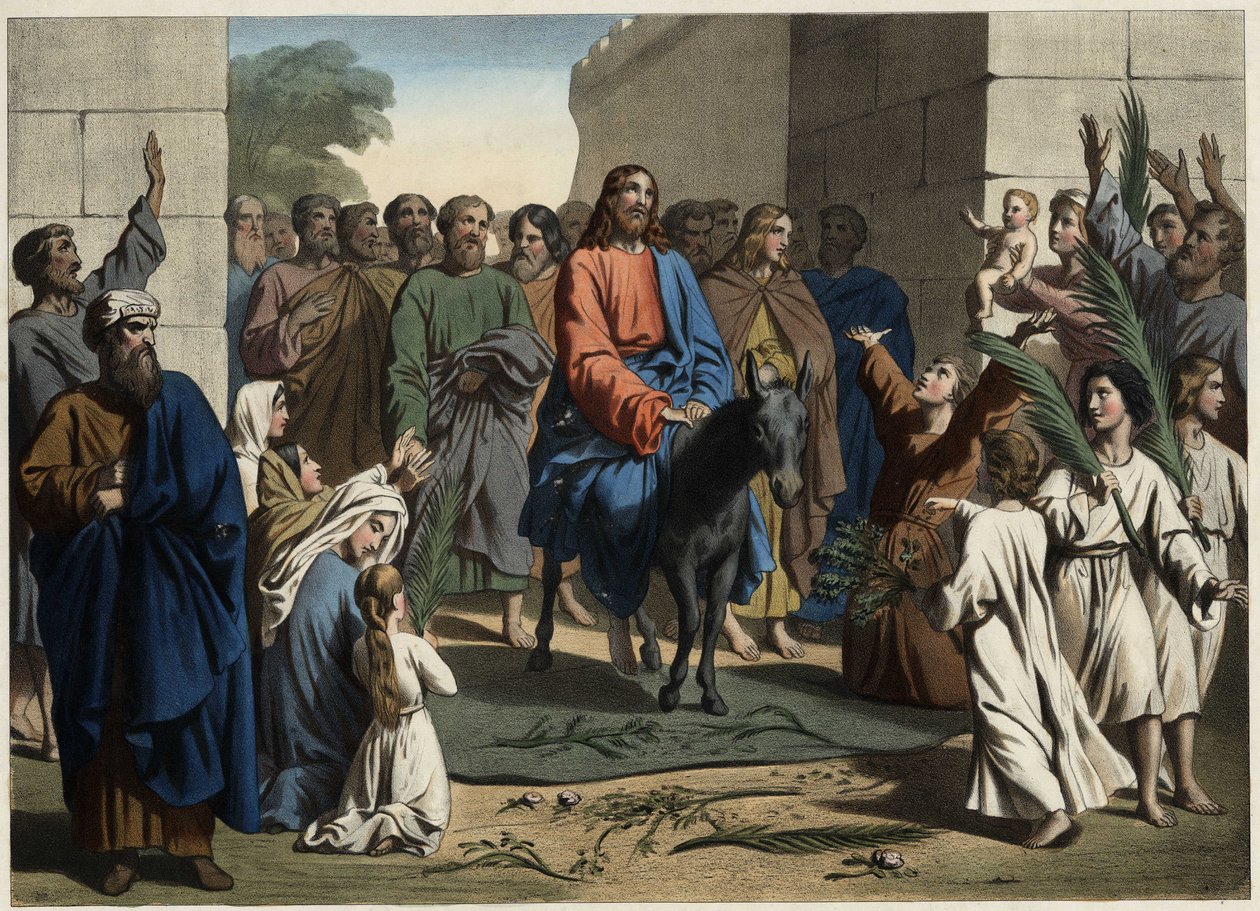 Jeesuksen voittoisa pääsy pyhään Jerusalemin kaupunkiin. Anonyymi kaiverrus 1800-luvun puolivälistä. tekijältä Unknown artist