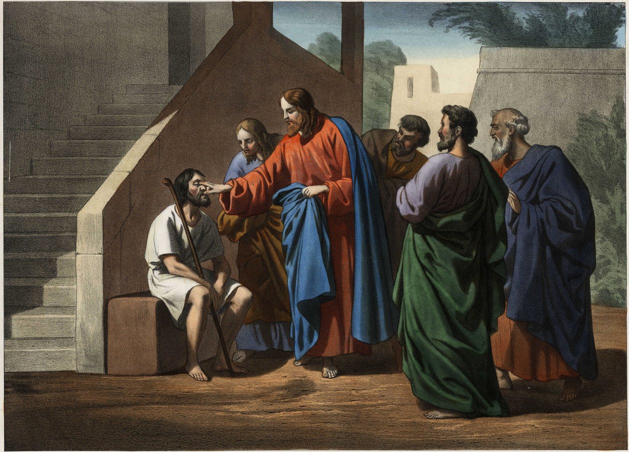 Jeesus soturi sokeana syntynyt mies. Anonyymi kaiverrus 1800-luvun puolivälistä. tekijältä Unknown artist