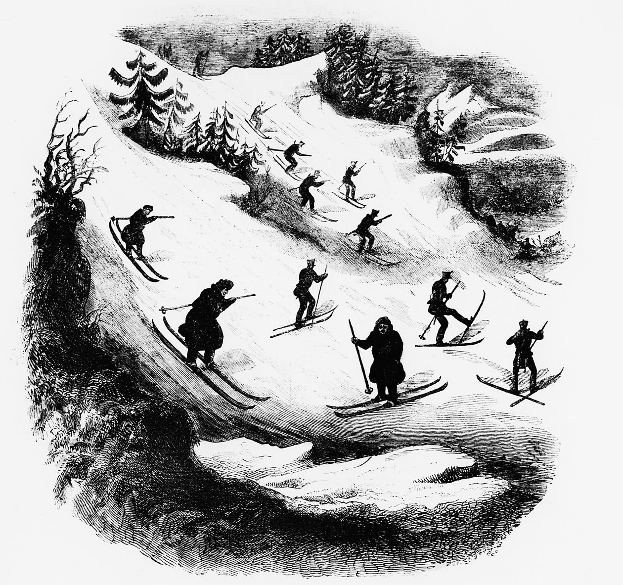 Jeux du Nord: hiihtäjät alas radalla - kaiverrus, 1800-luvun loppu. tekijältä Unknown artist