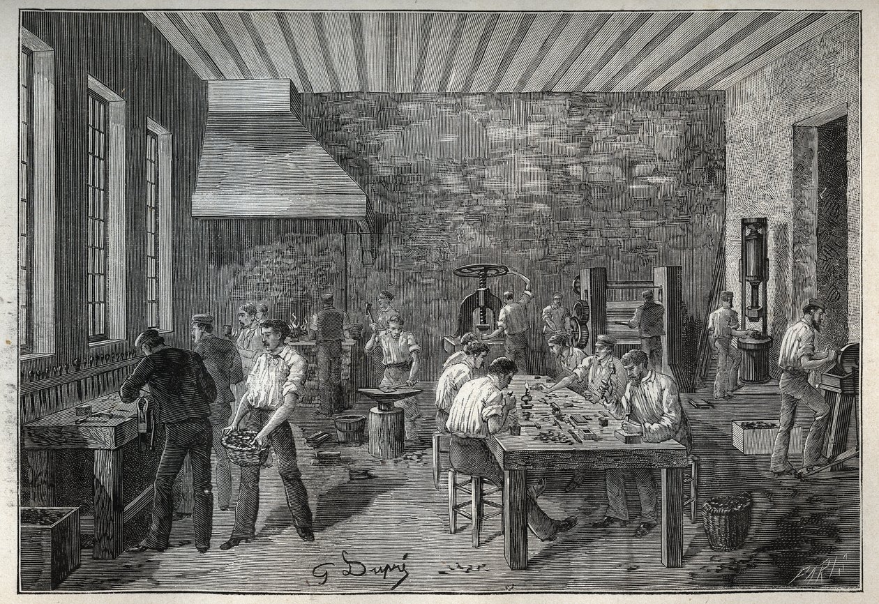 Korut: teräskorutehdas. Kaiverrus vuodelta 1885 kirjassa "Les arts et metiers illustres", kirjoittanut Adolphe BITARD. tekijältä Unknown artist