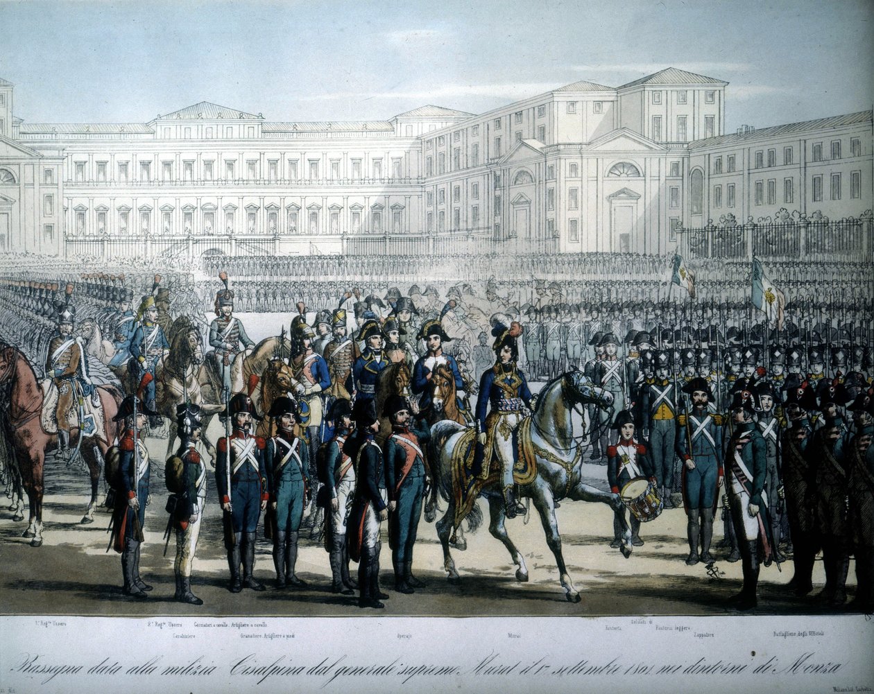 Napoleonin Ranskan marsalkkaksi ja Napolin kuninkaaksi nimittämä Joachim Murat (1767-1815) arvioi Sisalpiinien tasavallan joukkoja tekijältä Unknown artist