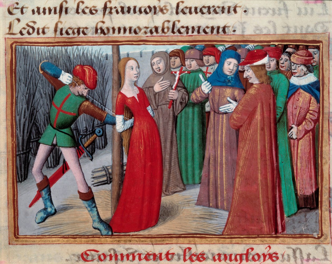 Joan of Bow (1412 -1431), asennettu teurastajaan. Miniatyyri Martial d