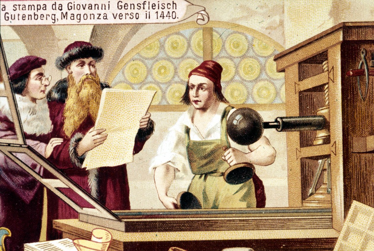 Johannes Gensfleisch Gutenberg (1400-1468). noin 1440. 1800-luvun kromolitografia. tekijältä Unknown artist