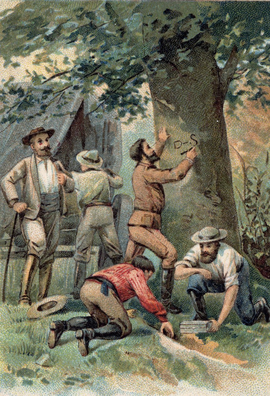 John McDouall (Mc Douall) Stuart (1815-1866): Skotlantilainen tutkimusmatkailija, ylitettyään Australian vuonna 1862, merkitsee paikan viimeisen keinonsa puuhun. tekijältä Unknown artist