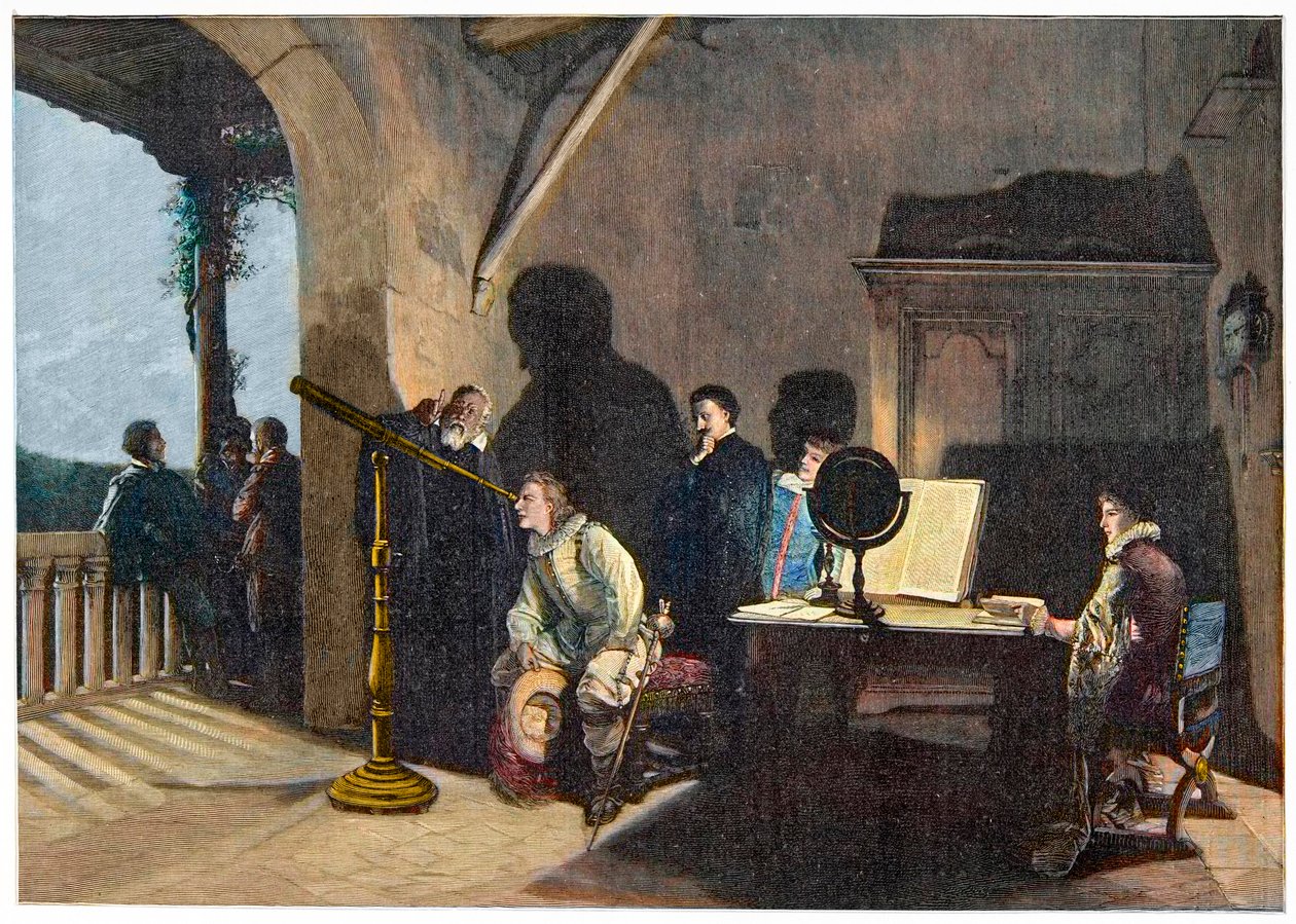 John Milton (1608-1674) vierailee Galileo Galileissa Miltonin Italian-kiertueen aikana 1638-1639. kaiverrus tekijältä Unknown artist