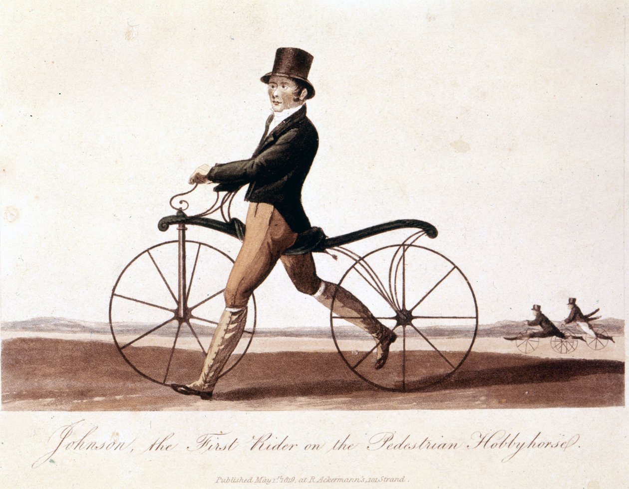 Johnson polkupyörällä. Tämä on Baron von Draisin keksimä malli: Draisienne. Se oli tehty puusta, eikä siinä ollut vielä polkimia. Värilitografia vuodelta 1819 tekijältä Unknown artist