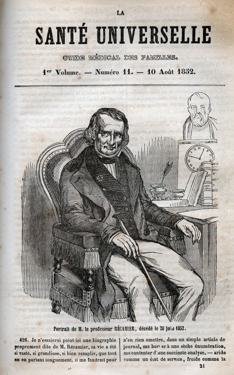 Joseph Claude Anthelme Recamier (1774-1852), ranskalainen kirurgi - kaiverrus "La Sante Universelle - Guide Medical des Familles" 1852 tekijältä Unknown artist