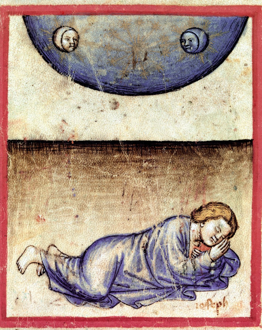 Joosef näki unta, että aurinko, kuu ja yksitoista tähteä kumartuvat hänen eteensä. Miniatyyri koodista 212 (tai padovano-koodista tai Padovan Raamatusta) 1390-1400 Rovigo, Accademia dei Concordi tekijältä Unknown artist