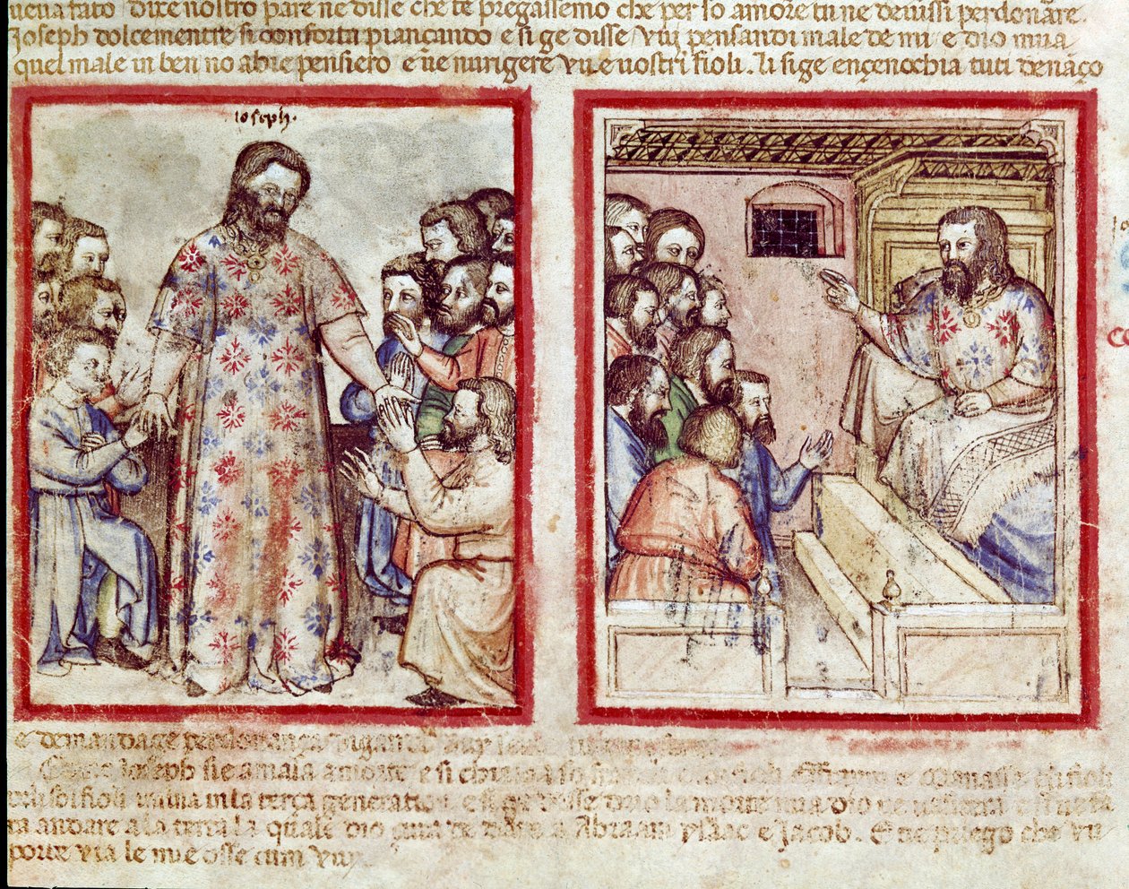 110-vuotiaana vakavasti sairas Joseph antaa anteeksi veljilleen, jotka kumartuivat hänen eteensä Miniatyyri Codex 212:sta (tai padovano-koodista tai Padovan Raamatusta) 1390-1400 Rovigo, Accademia dei Concordi tekijältä Unknown artist