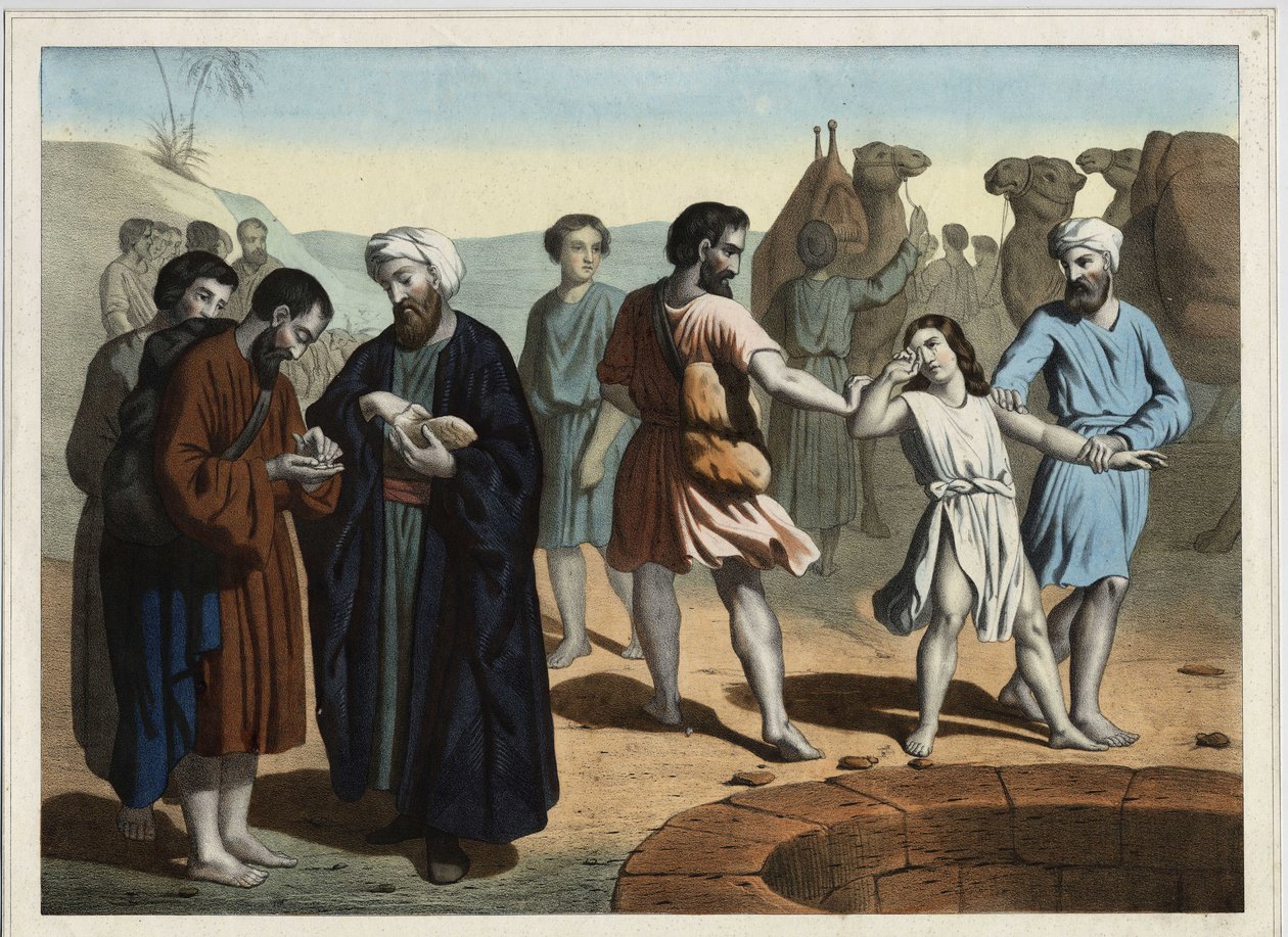 Joosef patriarkka, jonka hänen kymmenen mustasukkaista veljeään myivät, jotka haluavat saada hänet katoamaan. Anonyymi kaiverrus 1800-luvulta. tekijältä Unknown artist