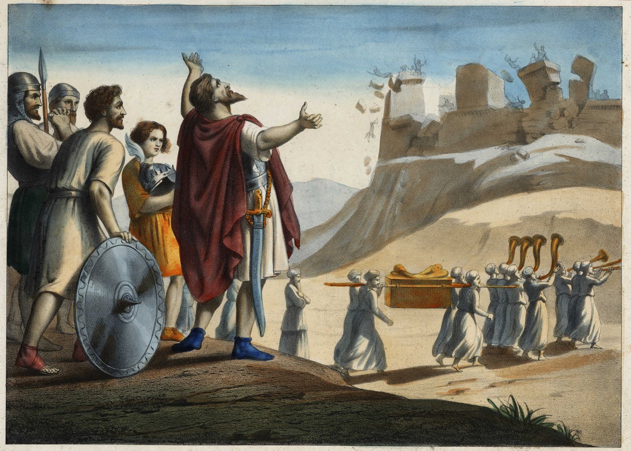Joosua ennen Jerikon kaupunkia (ensimmäinen kaupunki, jonka Joosua ja juutalaiset valtasivat Luvatun maan valloituksen aikana). Seinät murenevat trumpettien soidessa. Anonyymi kaiverrus 1800-luvulta. tekijältä Unknown artist