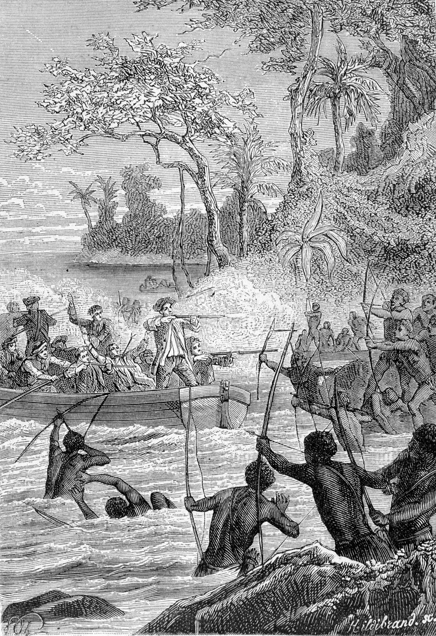 Carteretin matka Santa Cruzin Ilsissä, ei Nendon saarelle (Santa Cruz, Ndeni, Nitendi tai jopa Ndende): Alkuperäisten asukkaiden hyökkäys nuolien iskuilla - kuva otettu teoksesta "1700-luvun suuret merenkulkijat" ” tekijältä Unknown artist
