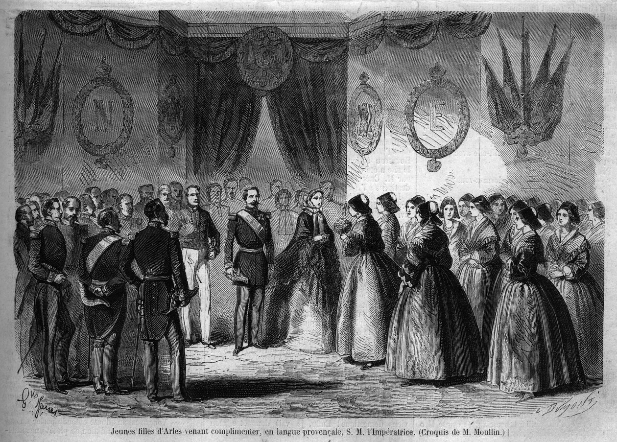 Keisari Napoleon III:n (1808-1873) ja hänen vaimonsa Eugenie de Montijon (1826-1920) matka Savoian herttuakuntaan Savoyn kreivin liittämisen (maaliskuun Torinon sopimuksen) jälkeen: täällä Arlesissa vieraileva keisarillinen pariskunta tapaa nuoria tyttöjä  tekijältä Unknown artist
