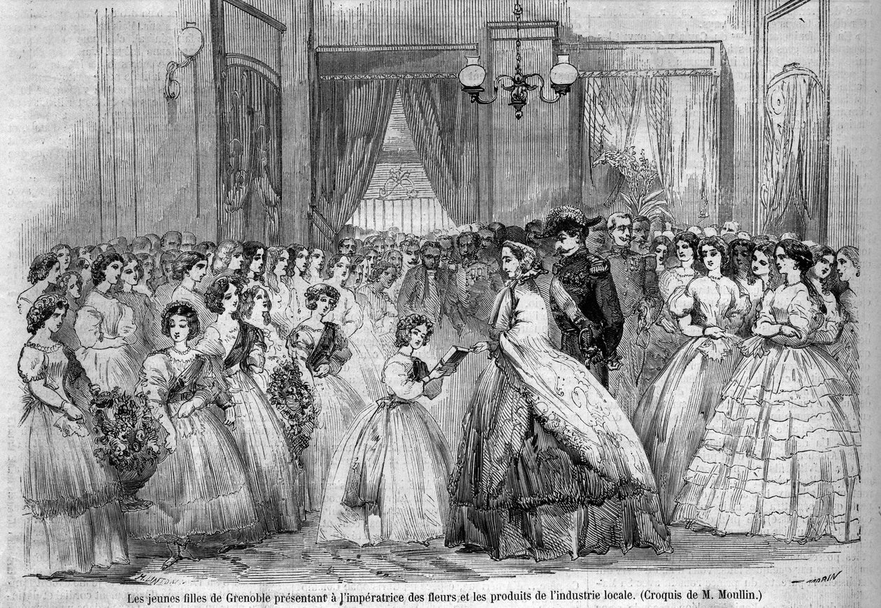 Keisari Napoleon III:n (1808-1873) ja hänen vaimonsa Eugenie de Montijon (1826-1920) matka Savoyn herttualle Savoyn kreivin liittämisen jälkeen (maaliskuu Torinon sopimus): täällä Grenoblessa vieraileva keisarillinen pariskunta tapaa nuoria tyttöjä, jotka  tekijältä Unknown artist