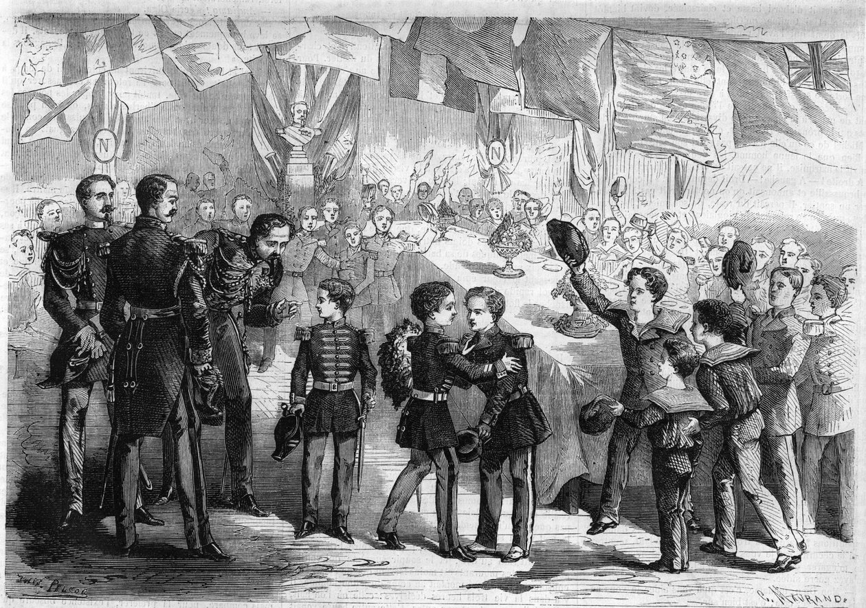 Hänen Majesteettinsa keisarillisen prinssin Napoleon Eugene Louis Jean Joseph Bonaparten (1856-1879), Napoleon III:n pojan, matka Cherbourgiin, Ranskaan: sammalet ja joukkojen lapset tarjoavat kimpun prinssille. Kaiverrus "" Maineikas universumi"" tekijältä Unknown artist