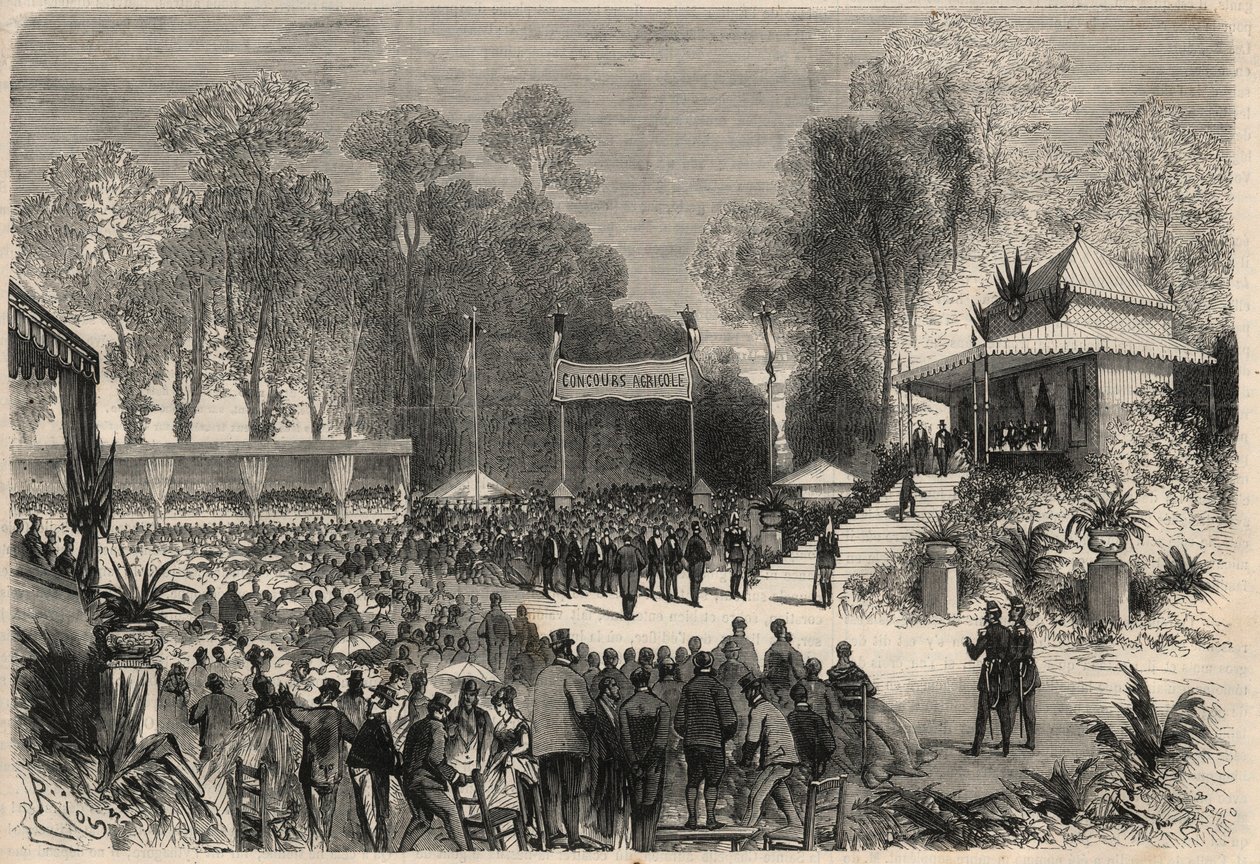 Napoleon III:n (1808-1883) ja Impress Eugenie de Montijon (1826-1920) matka Roueniin: palkintojen jako maatalouskilpailussa. Kaiverrus "" L