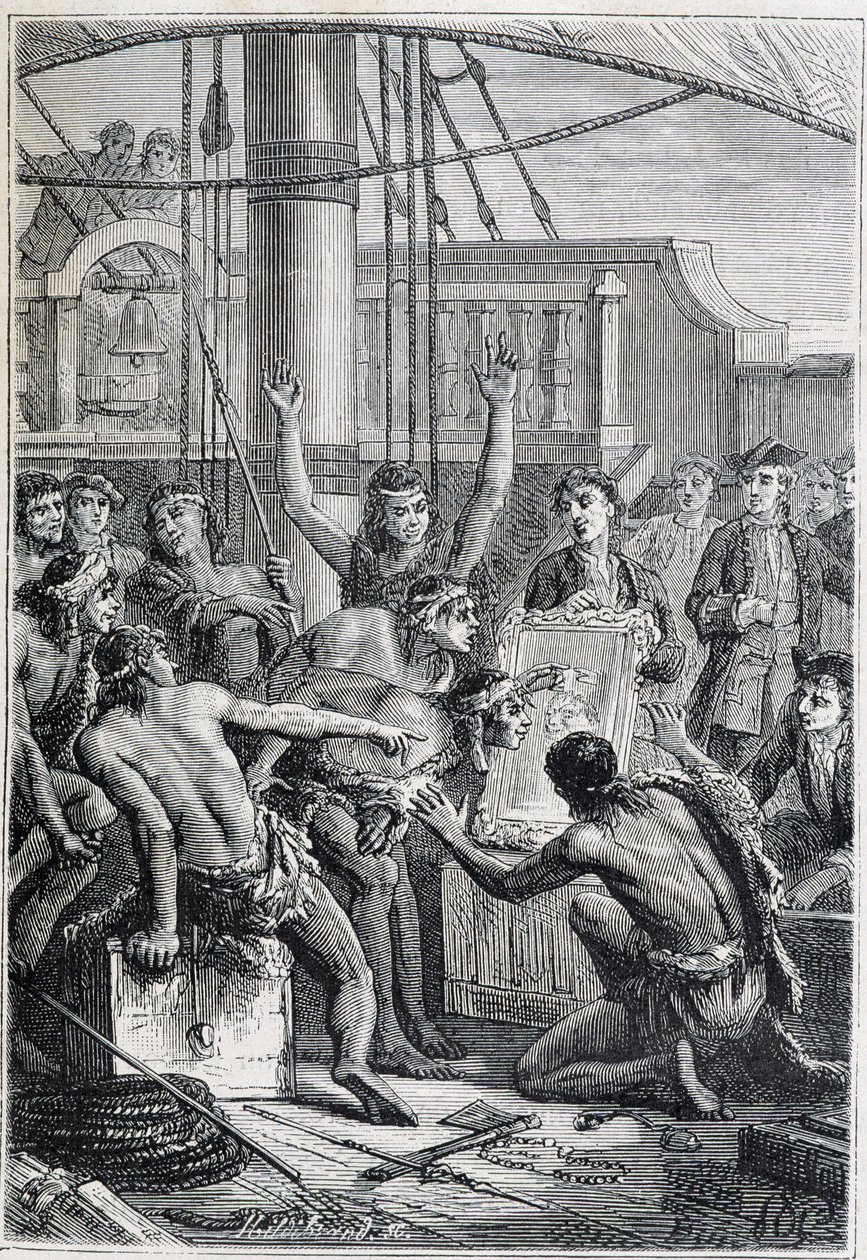 Samuel Wallisin (1728-1795) matka Polynesiaan: alkuperäiskansojen etonit peilin ääressä - kuva otettu teoksesta "1700-luvun suuret merenkulkijat" tekijältä Unknown artist