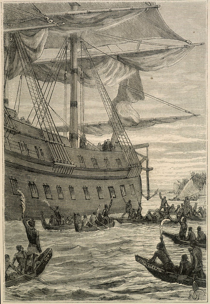 Samuel Wallisin (1728-1795) matka Polynesiaan: alkuperäiskansat pitävät banaanin oksia kädessään tervetulotoivotuksena - esimerkki teoksesta "1700-luvun suuret merenkulkijat" tekijältä Unknown artist