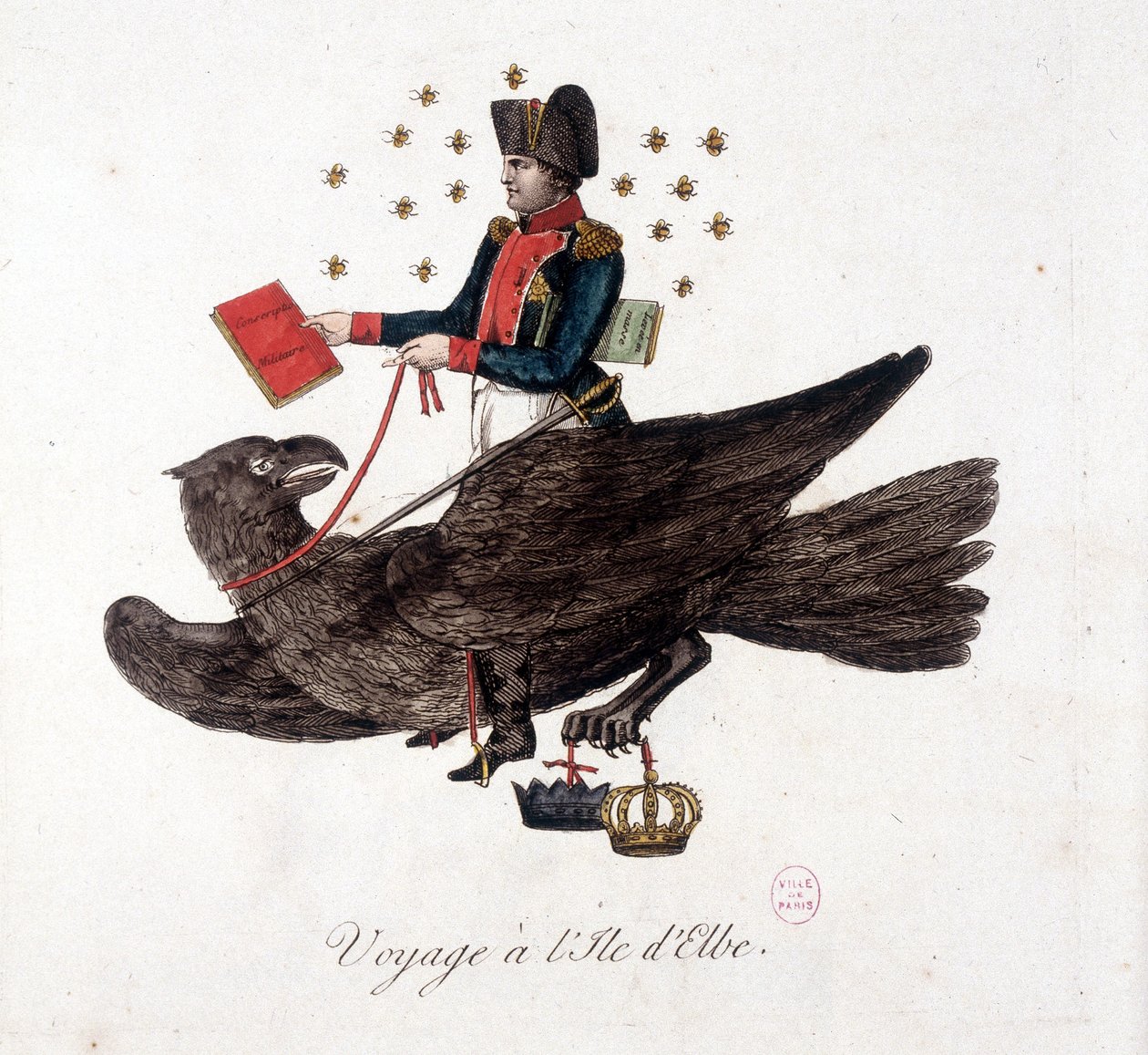 Matka Elban saarelle: Napoleon ratsastaa kotkalla, kädessään asevelvollisuuden ja sotilaiden joukkonoston kirjat - "" Napoleon 1st, karikatyyrit, nukkekokoelma", n. 1814 tekijältä Unknown artist