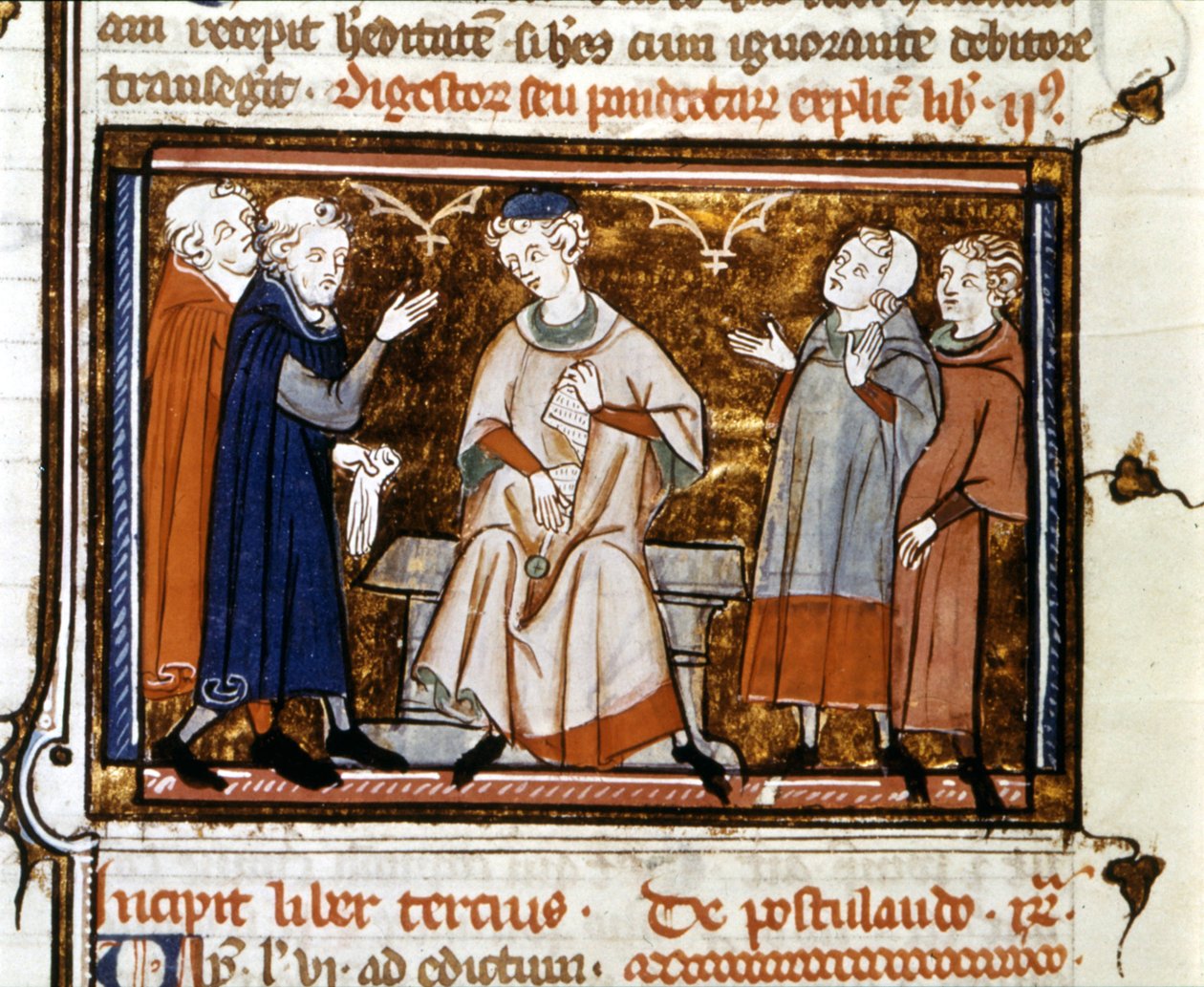 Tuomiokohtaus - Justinian 1st:n teoksessa "" Digesto e Pandette (Digesto ja Pandectes)" tekijältä Unknown artist