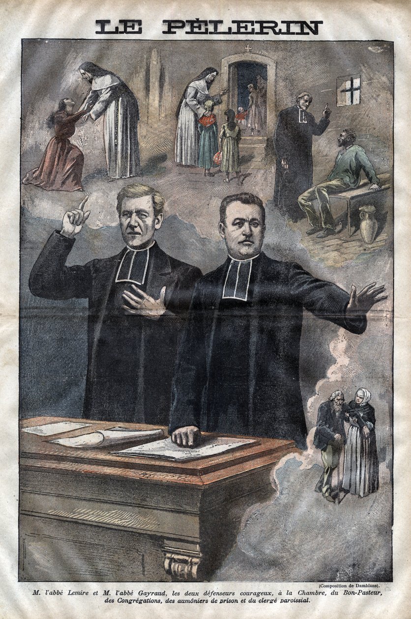 Jules Auguste Lemire (1853-1928) ja Hippolyte Gayraud (1856-1911), ranskalaiset kirkolliset ja poliitikot, kansanedustajat -kaiverrus "Le-Pelerin" vuodelta 1899 tekijältä Unknown artist