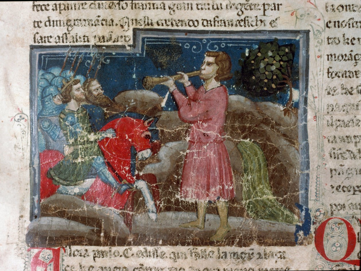 Jules Cesar (101-44 eKr.) puhuttelee sotureitaan Yksityiskohta käsikirjoitussivusta "" The Facts of the Romans"" (Ms 1538, fol 15r) noin 1340 Firenze, Biblioteca Riccardiana tekijältä Unknown artist