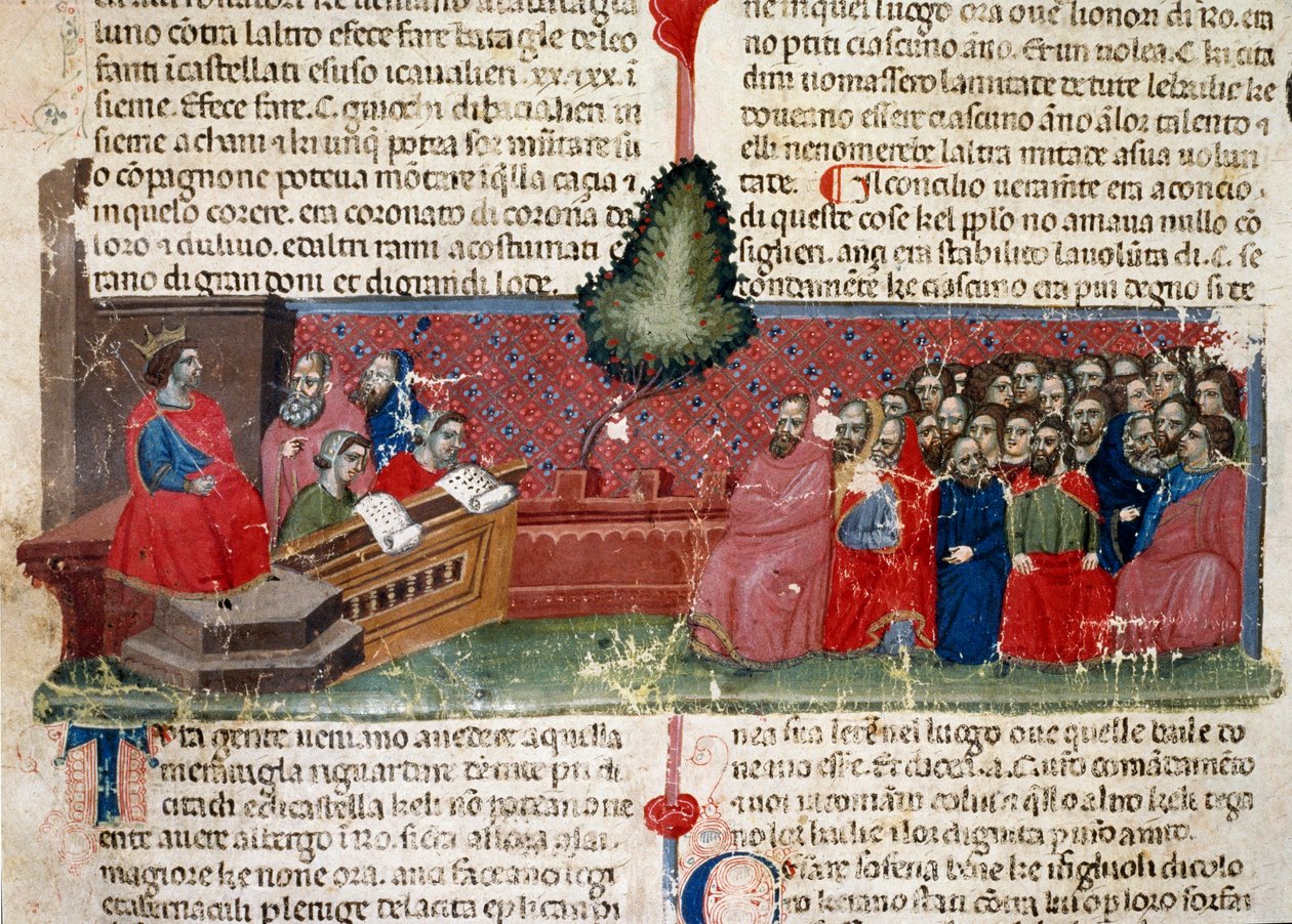 Jules Cesar (101-44 eKr.) valtaistuimella Yksityiskohta käsikirjoitussivusta "" Roomalaisten tosiasiat"" (Ms 1538) noin 1340 Firenze, Biblioteca Riccardiana tekijältä Unknown artist