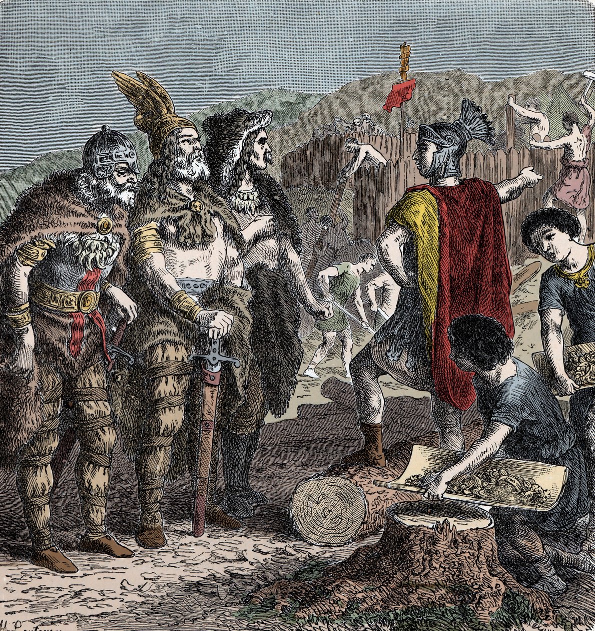 Julianus ja Frankin päälliköt - Keisari Julianuksen ja Francon päälliköiden tapaaminen - (Flavius Claudius Julianus (331-363), nimeltään Julianus luopio, jota kutsutaan myös Julianus filosofiksi tai Julianus II tai Julianus keisari) - kaiverrus 1800-luvun  tekijältä Unknown artist