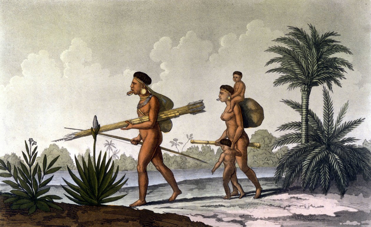 Kerengnatnuck, Botocudojen päällikkö, ja hänen perheensä (Brasilia) - teoksessa "Vanha ja moderni puku", Ferrario, toim. Milano tekijältä Unknown artist
