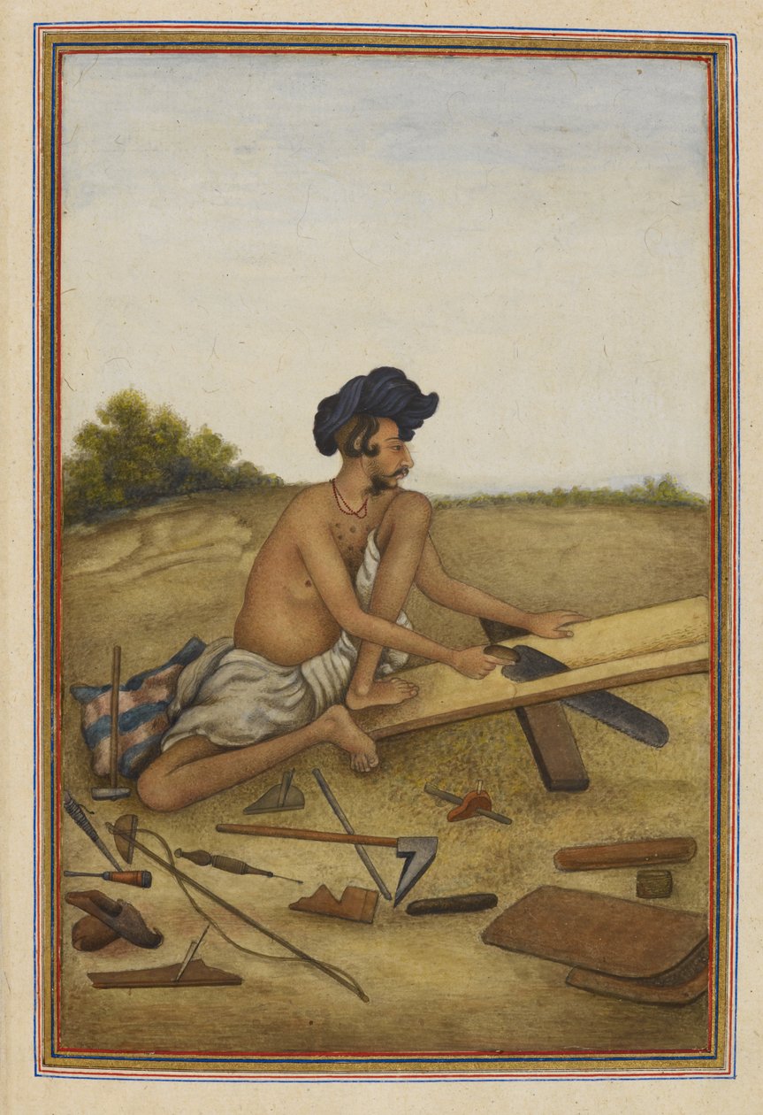 Khati tai Tarkhan, Panjabin puuseppäkasti. Mies sahaa lankkua. tekijältä Unknown artist