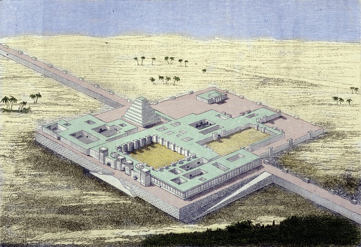 Khursabad (Irak). Sargon II:n, Assyrian kuninkaan, palatsin jälleenrakennus 722–705 eKr. Kaiverrus 1800-luvulta. tekijältä Unknown artist