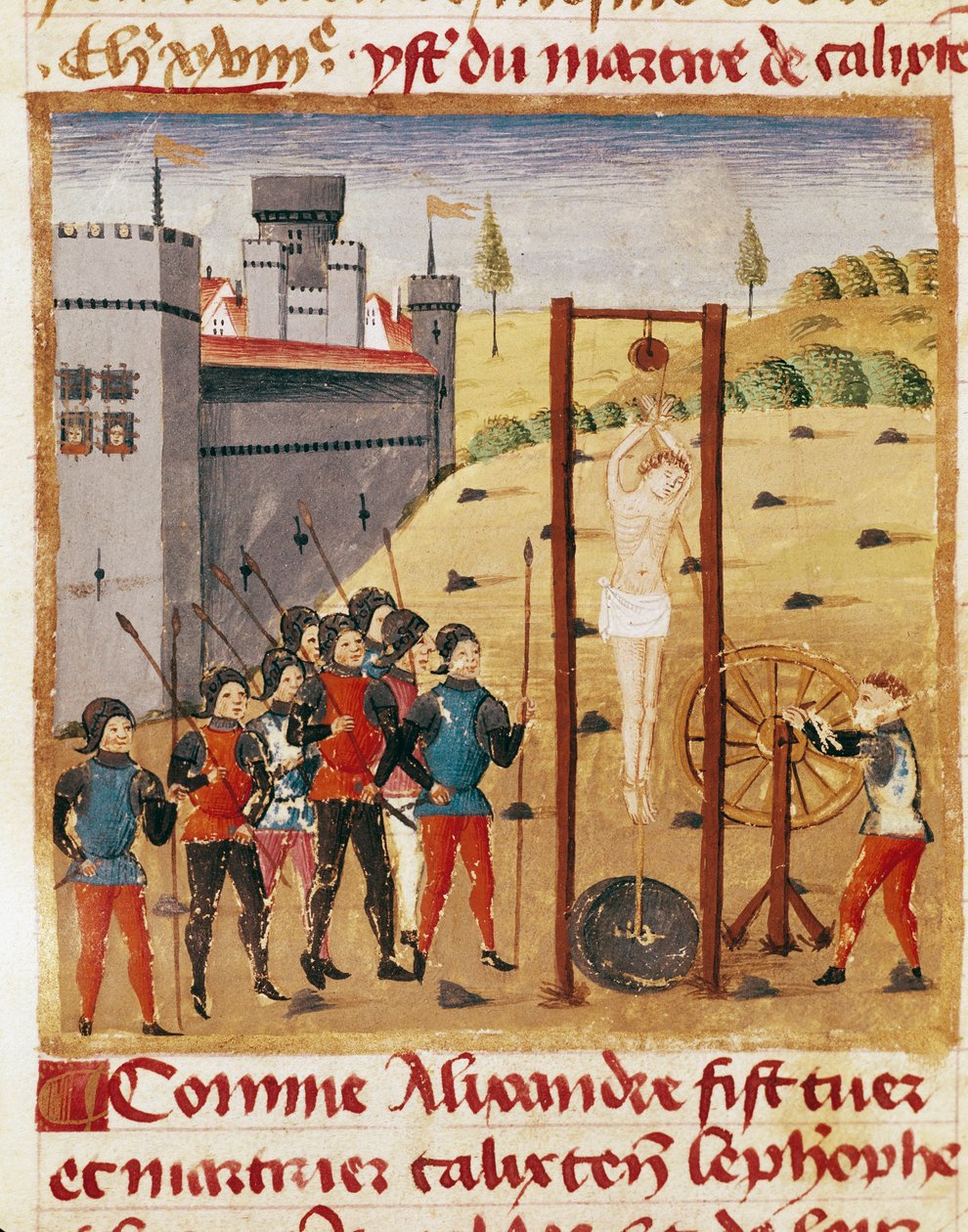 Kuningas Aleksanteri Suuri (356-323 eKr.) osallistuu jalon Calixten Cefoben teloitukseen hirttämällä""" Miniatyyri otettu Quintus Curtius Rufusin (1. vuosisadan) "" Aleksanteri Suuren tosiasioiden kirjasta"" (ms 1335, fol. 167 v tekijältä Unknown artist