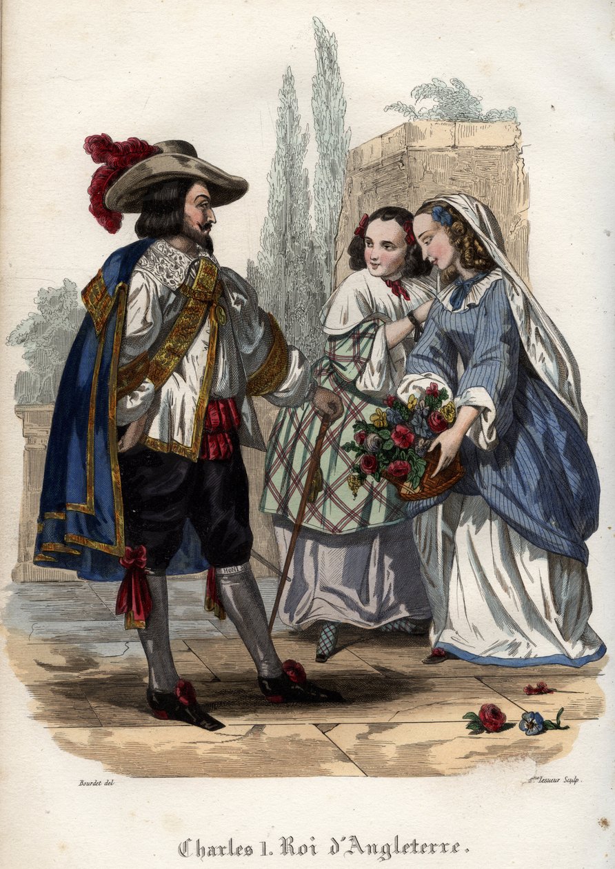 Englannin kuningas Kaarle I (Charles I Stuart) (1600-1649) vietteli nuoria naisia. Kaiverrus vuodelta 1842 Maurice Lachatren teokseen "Histoire des Popes". Yksityinen kokoelma. tekijältä Unknown artist