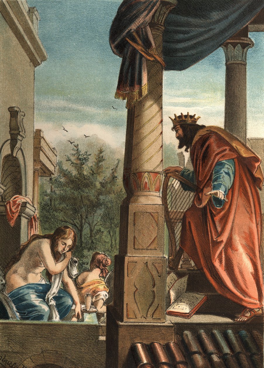 Kuningas David ja Betsabee, hänen tuleva vaimonsa kylvyssä, Juan Justo Huguetin "El Culto de la Hermosura", Molinas Hermanosin toimittajat tekijältä Unknown artist