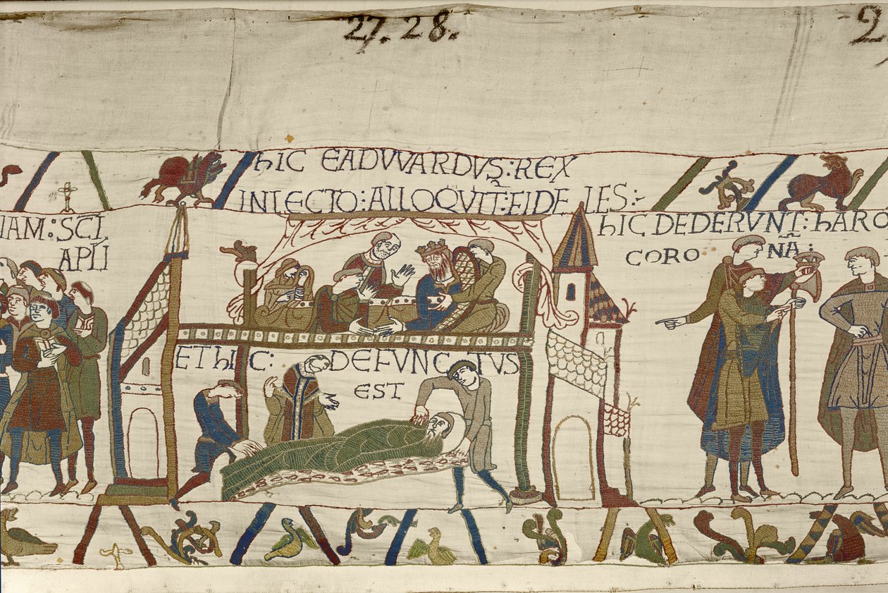 Kuningas Edward tunnustaja kuolinsängyssä, Bayeux Tapestry (villakirjonta pellavalle) tekijältä Unknown artist