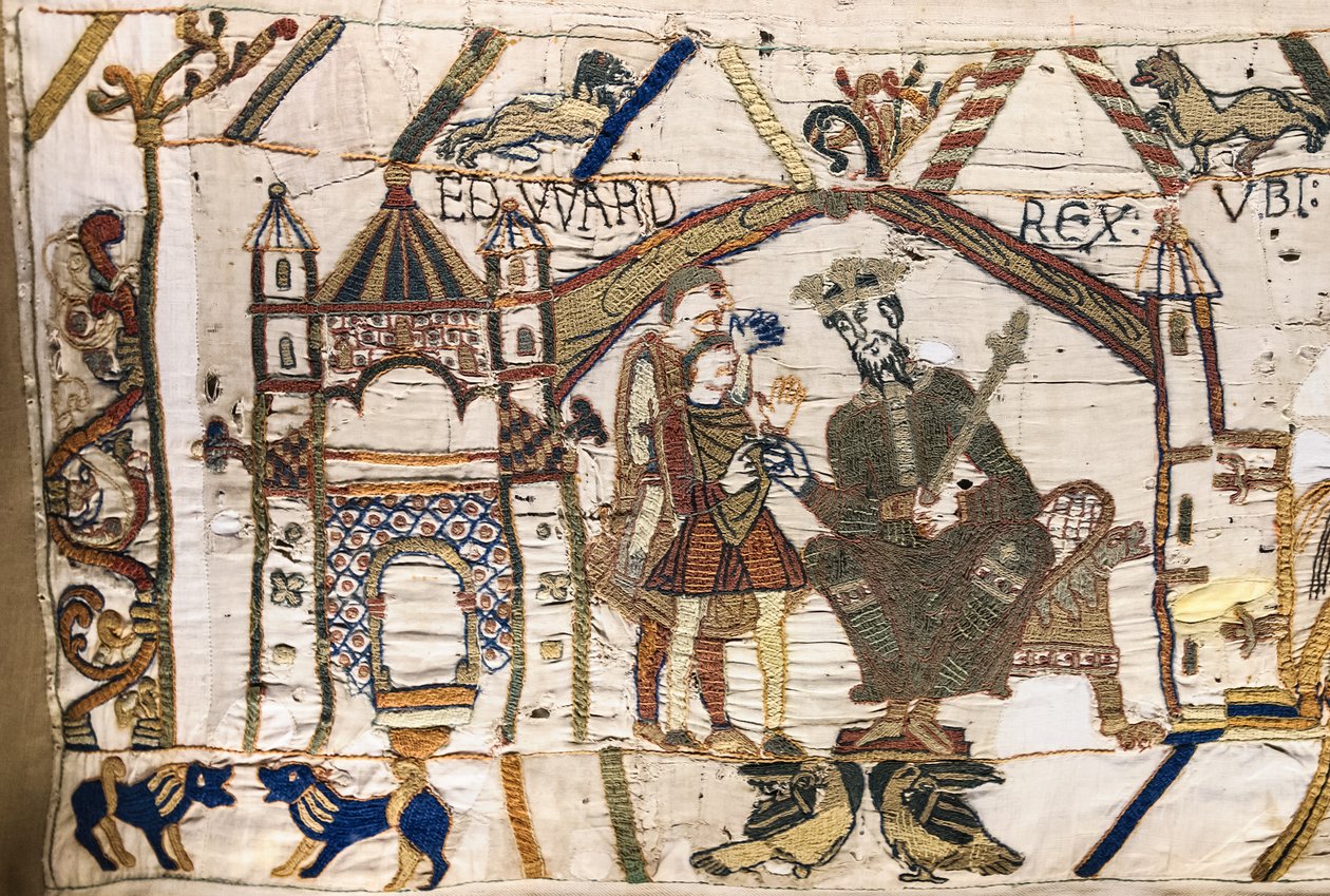 Kuningas Edward Tunnustaja lähettää Haroldin Normandiaan, Bayeux Tapestry (villakirjonta pellavalle) tekijältä Unknown artist