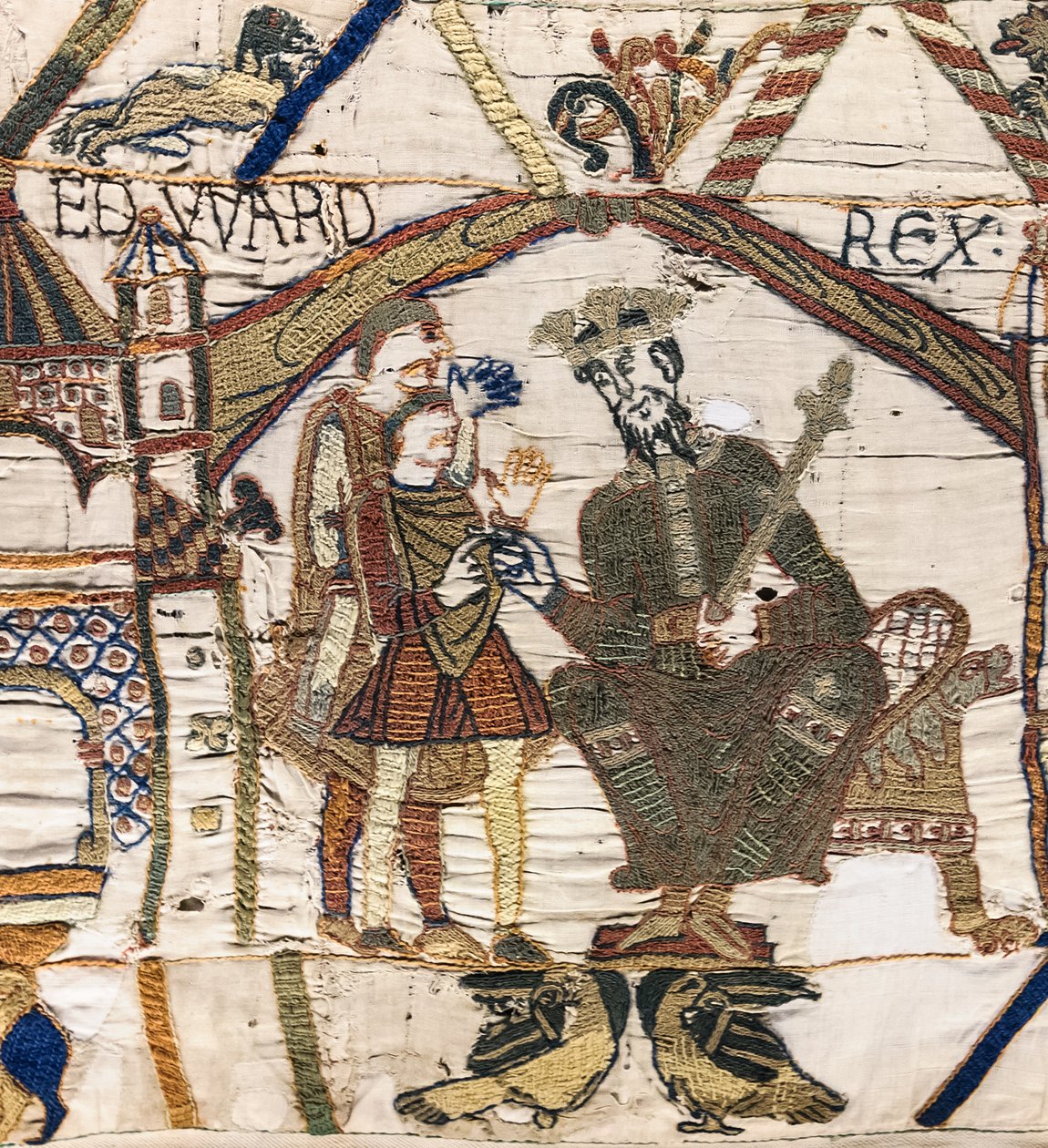 Kuningas Edward Tunnustaja lähettää Haroldin Normandiaan, Bayeux Tapestry (villakirjonta pellavalle) tekijältä Unknown artist