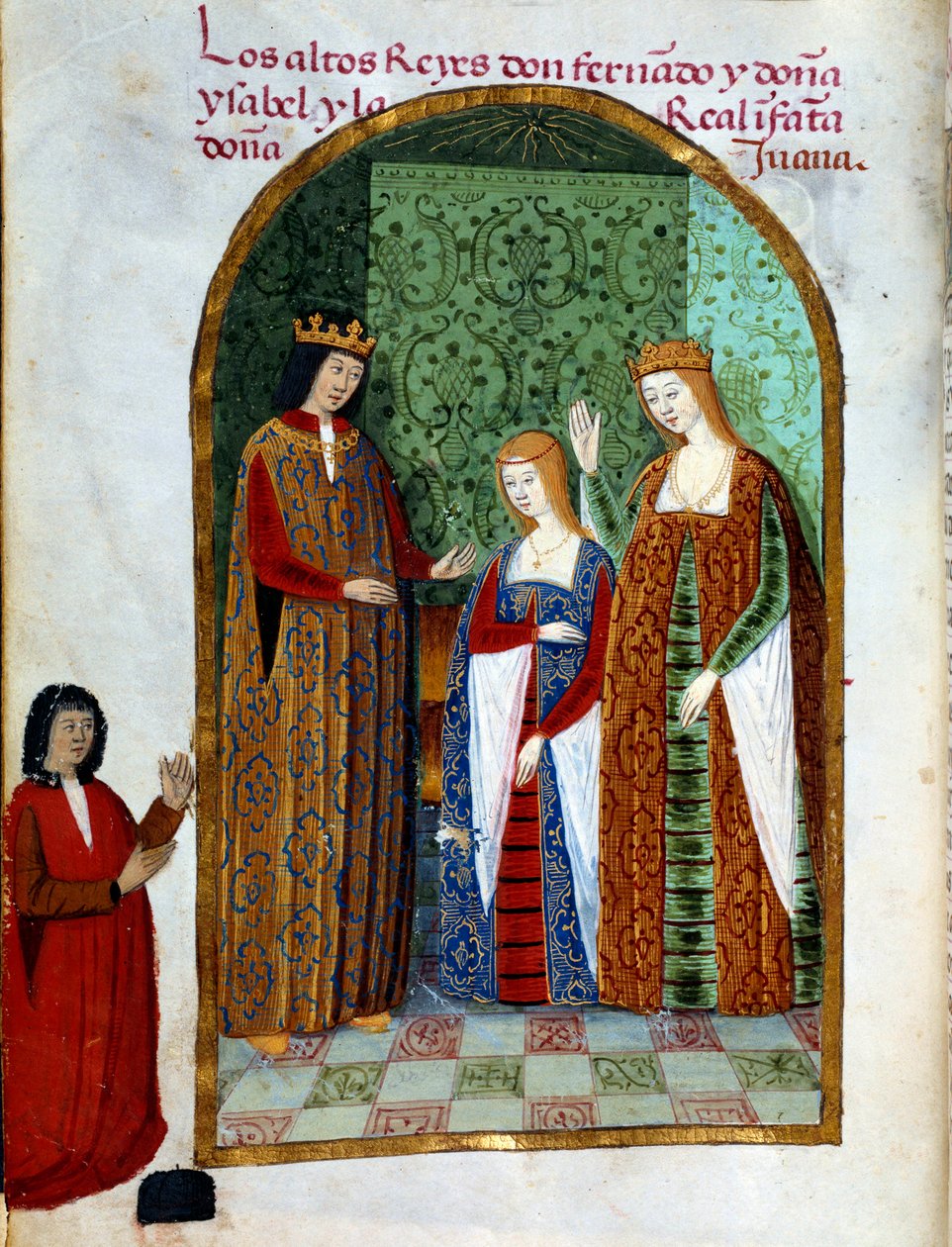 Kuningas Ferdinand II, Aragonian ja Sisilian kuningas (1452 - 1516), Joan, Kastilian kuningatar (1479 - 1555) ja Isabella I Kastilian (tunnetaan myös nimellä katolinen), Espanjan kuningatar (1451 - 1504). Miniatyyri elokuvassa "Kuningatar Da Juana, joka ku tekijältä Unknown artist